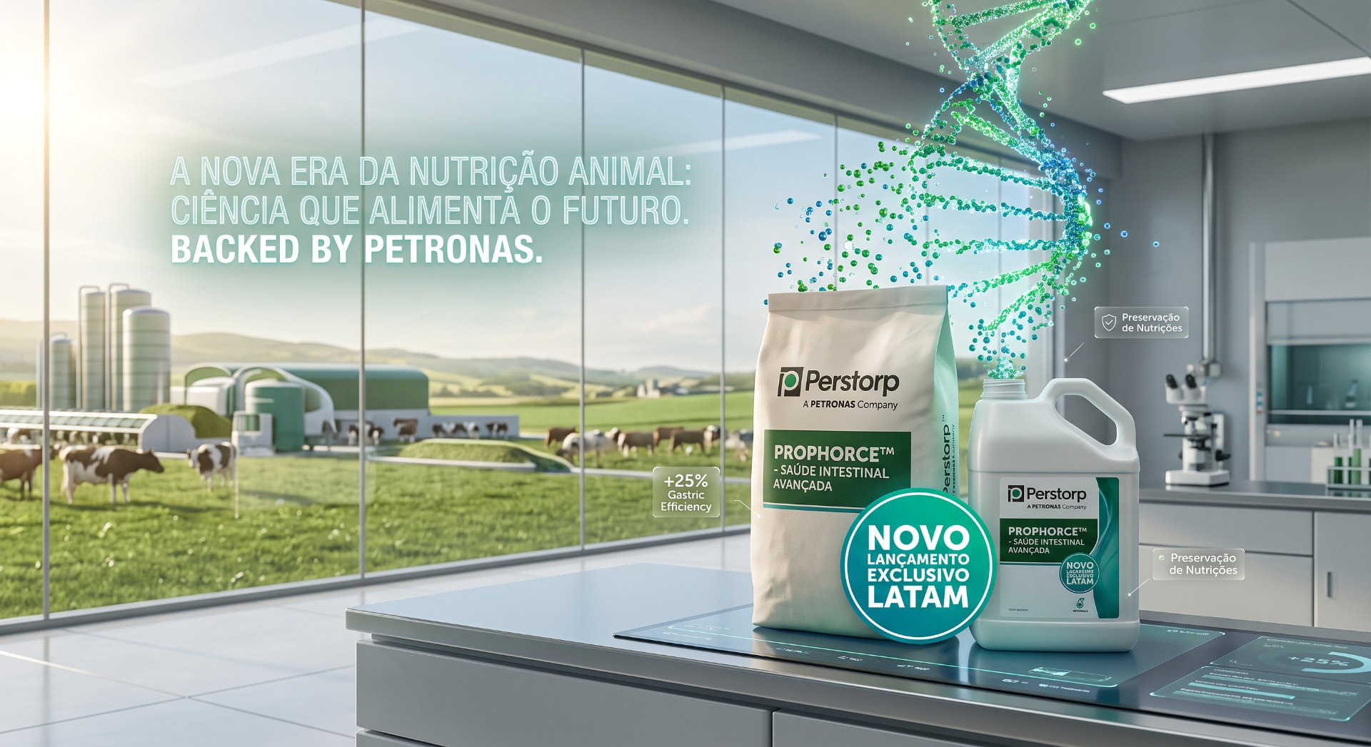 Lançamento Prophorce da Perstorp em laboratório com fazenda ao fundo