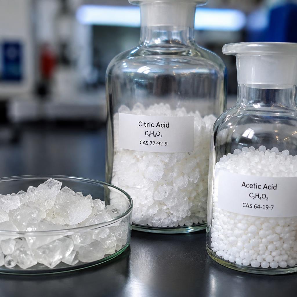 Cristais de ácidos orgânicos em recipientes de laboratório