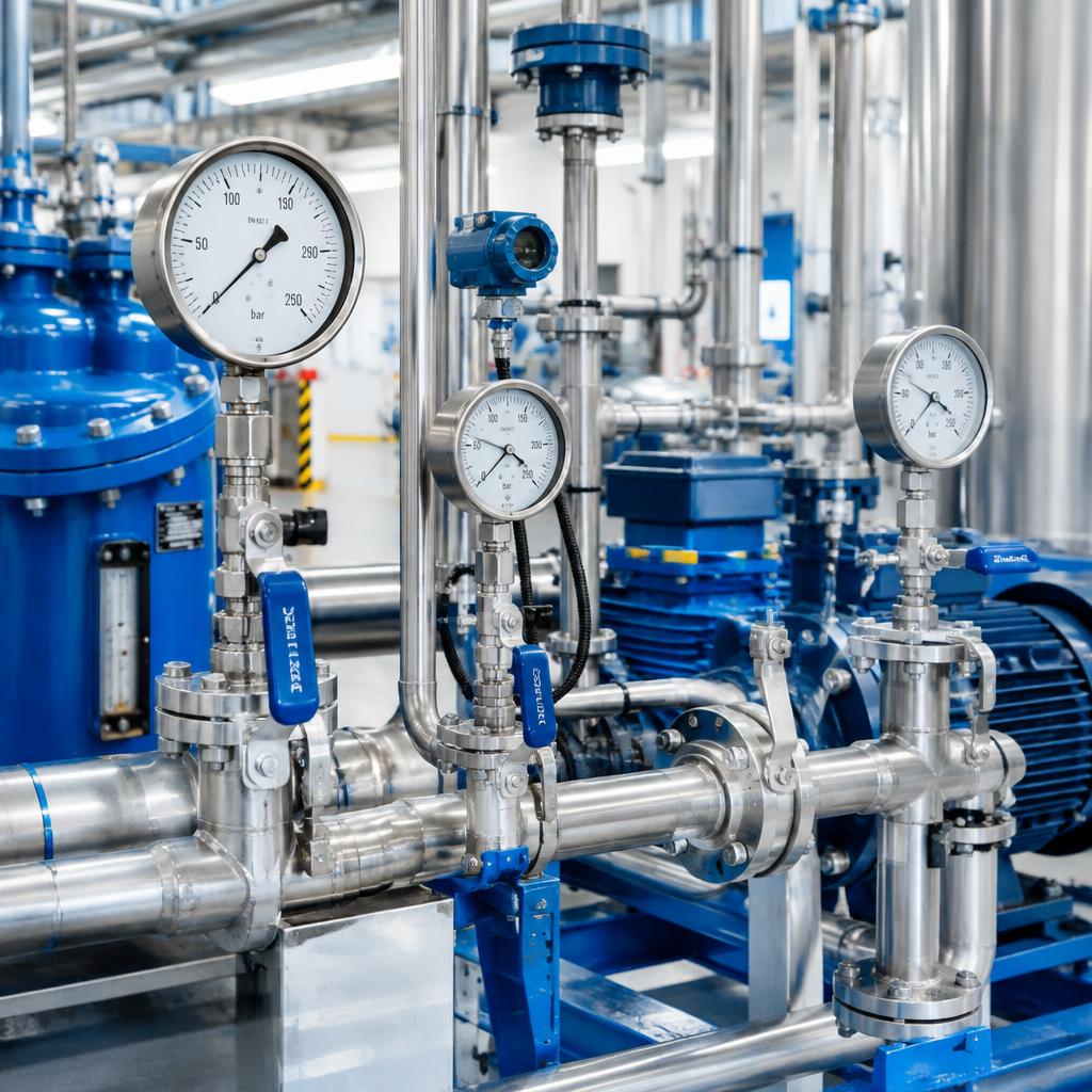 Tubulações e manômetros de sistema de fluidos industriais