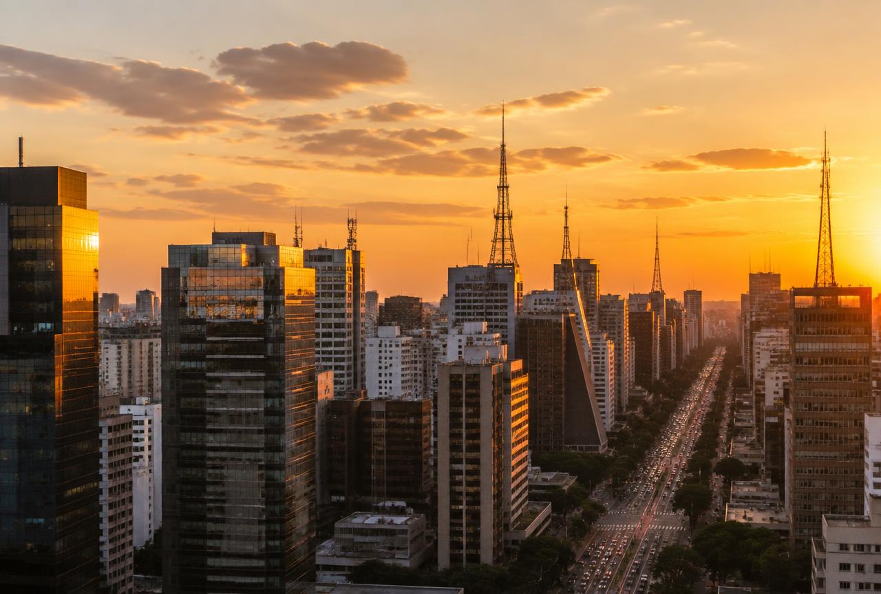 Skyline de São Paulo ao pôr do sol, sede regional Perstorp