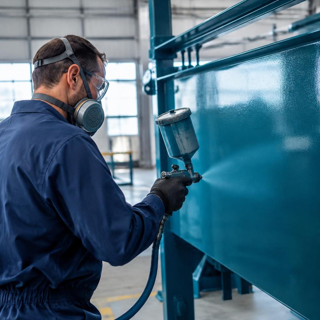 Técnico aplicando revestimento industrial azul-petróleo
