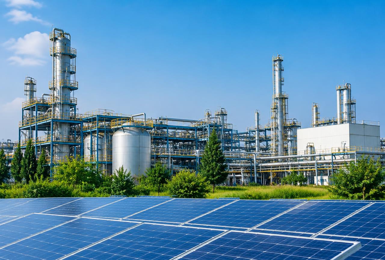 Planta industrial moderna da Perstorp com áreas verdes